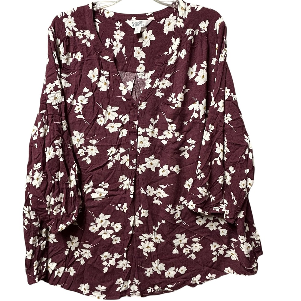 Market & Spruce Women's Plus 3X Burgundy Floral Print Button Up Blouse Flowy